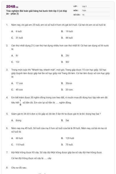 Trắc nghiệm Bài toán giải bằng hai bước tính lớp 3 (có đáp án - phần 3)