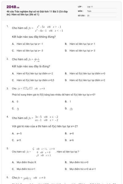 46 câu Trắc nghiệm Đại số và Giải tích 11 Bài 3 (Có đáp án): Hàm số liên tục (Đề số 1)