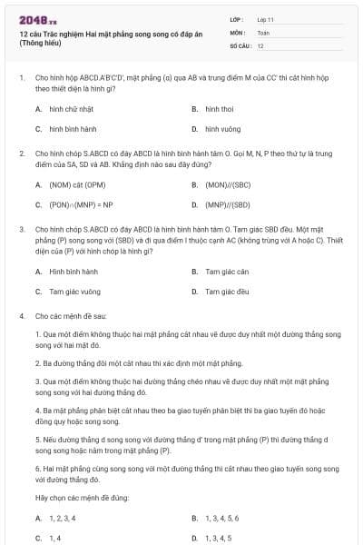12 câu Trắc nghiệm Hai mặt phẳng song song có đáp án (Thông hiểu)