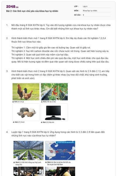 Bài 2: Các lĩnh vực chủ yếu của khoa học tự nhiên