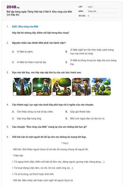 Bài tập hàng ngày Tiếng Việt lớp 5 Bài 8. Khu rừng của Mát (có đáp án)