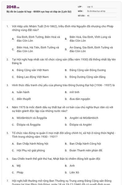 Bộ đề ôn Luyện tổ hợp - KHXH cực hay có đáp án (Lịch Sử)