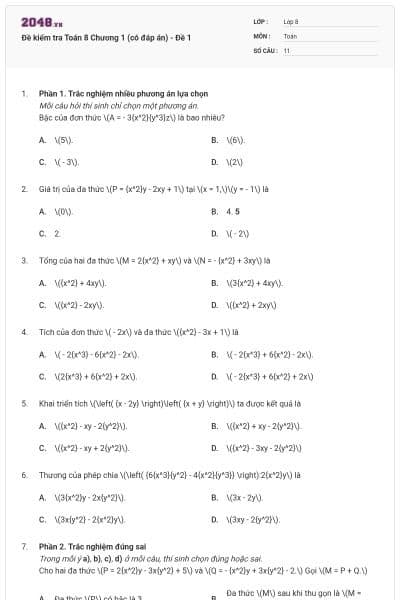 Đề kiểm tra Toán 8 Chương 1 (có đáp án) - Đề 1