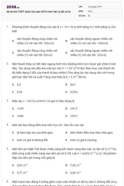 Đề thi thử THPT Quốc Gia năm 2019 môn Vật Lý (Đề số 6)