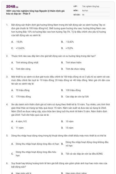 400+ câu trắc nghiệm tổng hợp Nguyên lý thẩm định giá hóa có đáp án - Phần 9