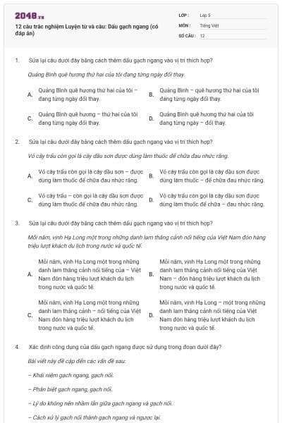 12 câu trắc nghiệm Luyện từ và câu: Dấu gạch ngang (có đáp án)