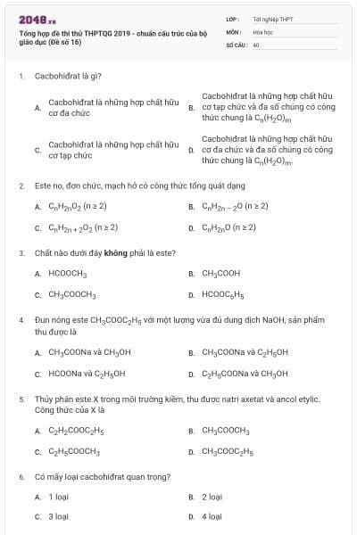 Tổng hợp đề thi thử THPTQG 2019 - chuẩn cấu trúc của bộ giáo dục (Đề số 16)