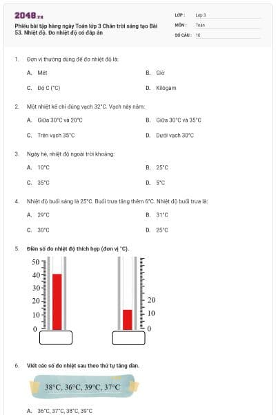 Phiếu bài tập hàng ngày Toán lớp 3 Chân trời sáng tạo Bài 53. Nhiệt độ. Đo nhiệt độ có đáp án