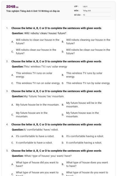 Trắc nghiệm Tiếng Anh 6 Unit 10 Writing có đáp án
