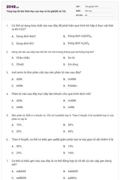 Tổng hợp thi thử Sinh Học cực hay có lời giải(Đề số 10)