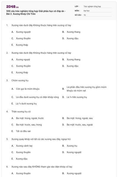 500 câu trắc nghiệm tổng hợp Giải phẫu học có đáp án - Bài 2. Xương Khớp Chi Trên