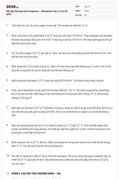 Bài tập Phương trình Claperon – Mendeleev lớp 12 (có lời giải)