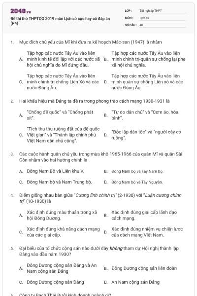 Đề thi thử THPTQG 2019 môn Lịch sử cực hay có đáp án (P4)