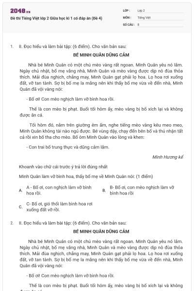 Đề thi Tiếng Việt lớp 2 Giữa học kì 1 có đáp án (Đề 4)