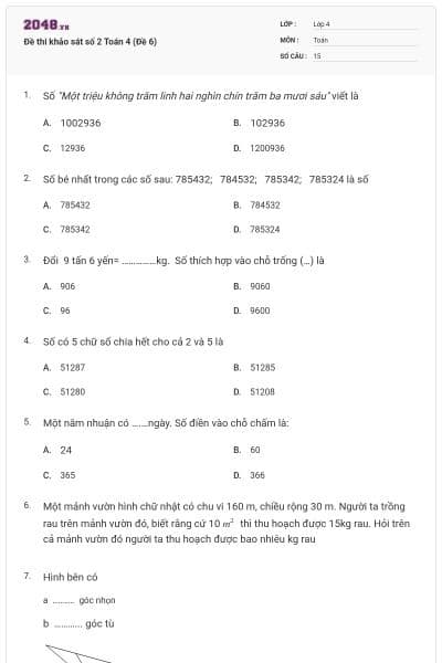 Đề thi khảo sát số 2 Toán 4 (Đề 6)