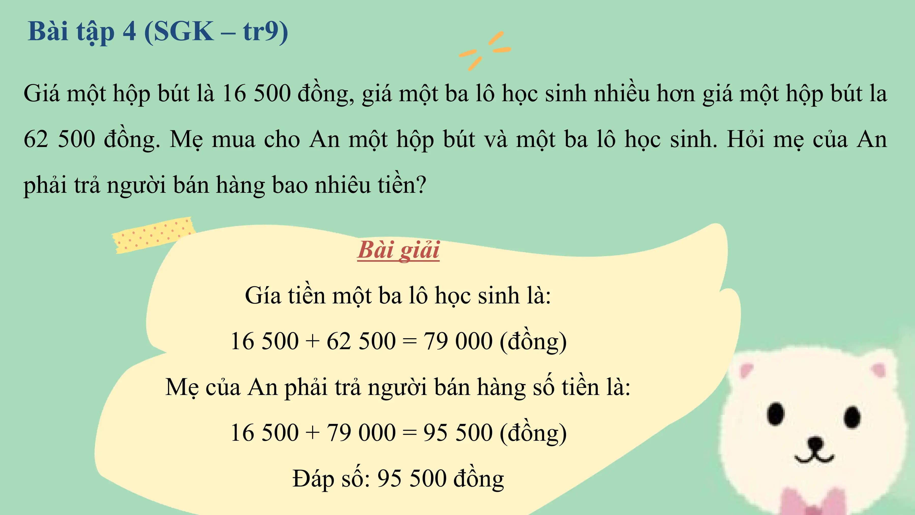 Bài tập 4 (SGK – tr9)

Giá một hộp bút là 16 500 đồng, giá một ba lô học sinh nhiều hơn giá một hộp bút la
62 500 đồng. Mẹ mua cho An một hộp bút và một ba lô học sinh. Hỏi mẹ của An
phải trả người bán hàng bao nhiêu tiền?

 Bài giải
 Gía tiền một ba lô học sinh là:
 16 500 + 62 500 = 79 000 (đồng)
 Mẹ của An phải trả người bán hàng số tiền là:
 16 500 + 79 000 = 95 500 (đồng)
 Đáp số: 95 500 đồng