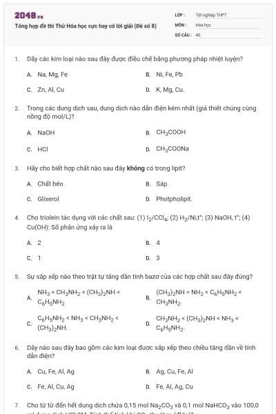 Tổng hợp đề thi Thử Hóa học cực hay có lời giải (Đề số 8)