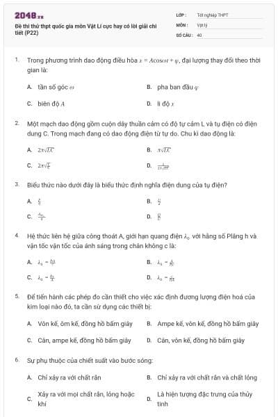 Đề thi thử thpt quốc gia môn Vật Lí cực hay có lời giải chi tiết (P22)