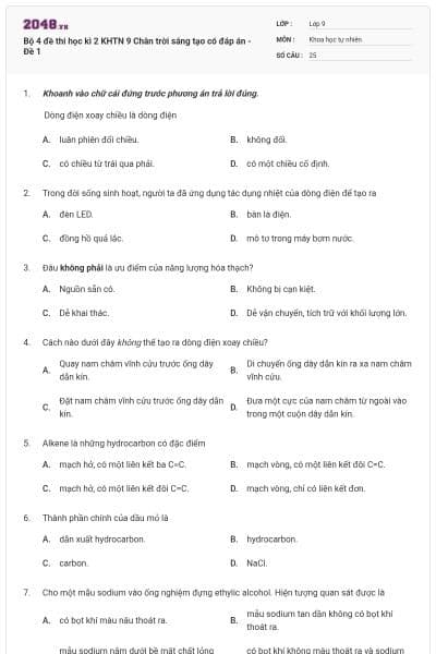Bộ 4 đề thi học kì 2 KHTN 9 Chân trời sáng tạo có đáp án - Đề 1