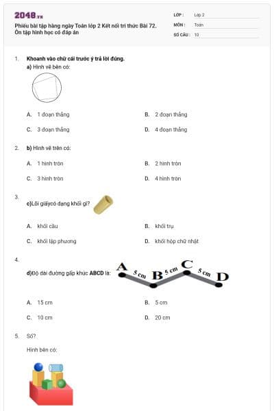 Phiếu bài tập hàng ngày Toán lớp 2 Kết nối tri thức Bài 72. Ôn tập hình học có đáp án