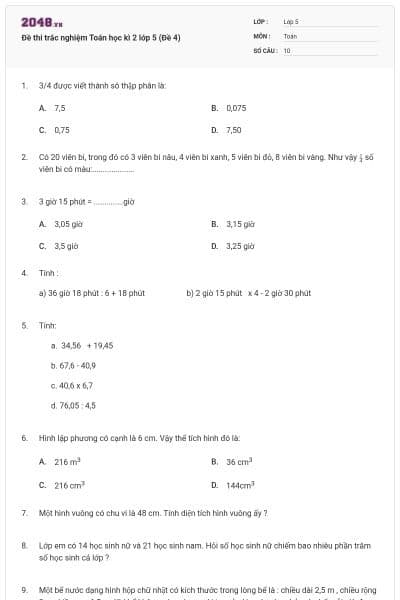 Đề thi trắc nghiệm Toán học kì 2 lớp 5 (Đề 4)