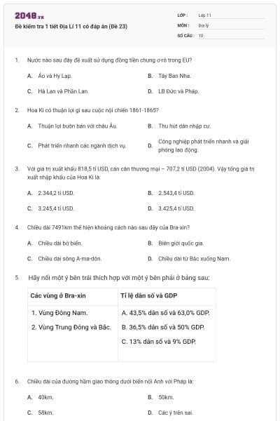 Đề kiểm tra 1 tiết Địa Lí 11 có đáp án (Đề 23)