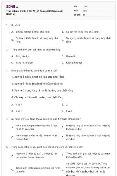 Trắc nghiệm Vật Lí 6 Bài 25 (có đáp án) Bài tập sự sôi (phần 2)
