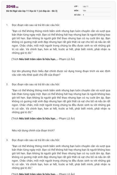 Đề thi Ngữ văn lớp 11 Học kì 1 (có đáp án - Đề 3)