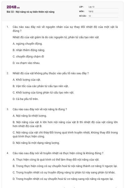 Bài 32 : Nội năng và sự biến thiên nội năng