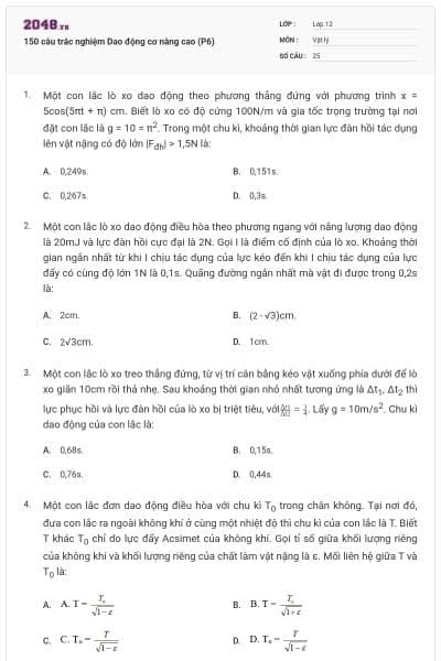 150 câu trắc nghiệm Dao động cơ nâng cao (P6)