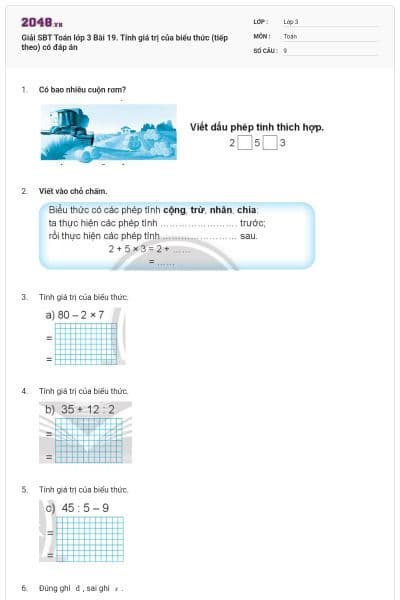 Giải SBT Toán lớp 3 Bài 19. Tính giá trị của biểu thức (tiếp theo) có đáp án