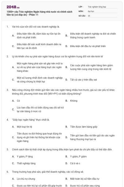 1000+ câu Trắc nghiệm Ngân hàng nhà nước và chính sách tiền tệ (có đáp án) - Phần 11