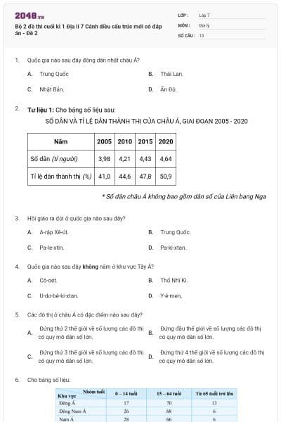 Bộ 2 đề thi cuối kì 1 Địa lí 7 Cánh diều cấu trúc mới có đáp án - Đề 2