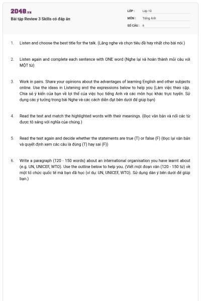 Bài tập Review 3 Skills có đáp án