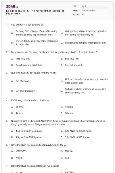 Bộ 4 đề thi cuối kì 1 KHTN 8 Kết nối tri thức (Nối tiếp) có đáp án - Đề 4