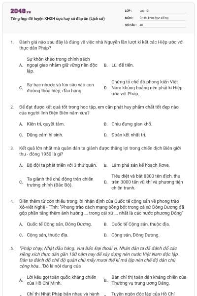 Tổng hợp đề luyện KHXH cực hay có đáp án (Lịch sử)
