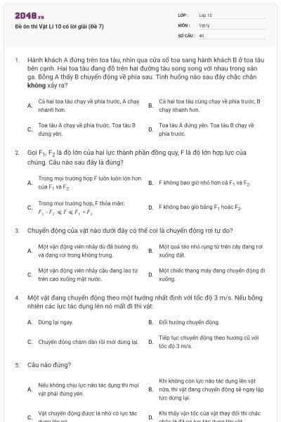 Đề ôn thi Vật Lí 10 có lời giải (Đề 7)