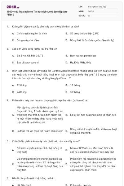 1000+ câu Trắc nghiệm Tin học đại cương (có đáp án) - Phần 3