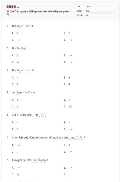 34 câu Trắc nghiệm Giới hạn của hàm số có đáp án (phần 2)