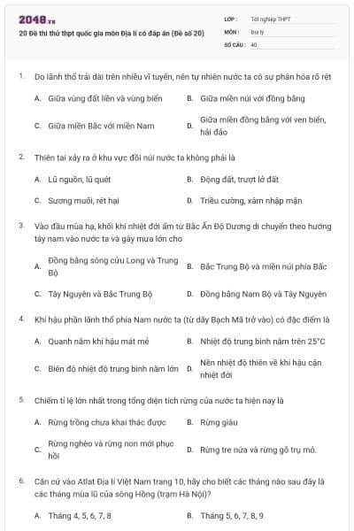 20 Đề thi thử thpt quốc gia môn Địa lí có đáp án (Đề số 20)