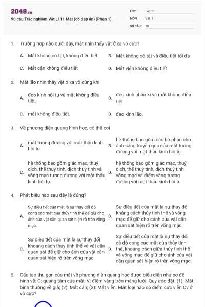 90 câu Trắc nghiệm Vật Lí 11 Mắt (có đáp án) (Phần 1)
