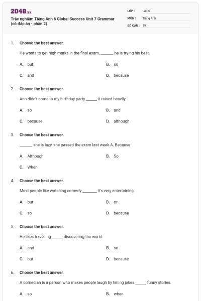Trắc nghiệm Tiếng Anh 6 Global Success Unit 7 Grammar (có đáp án - phần 2)
