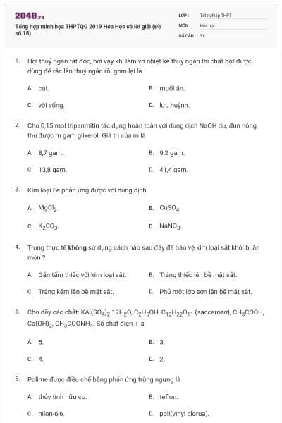 Tổng hợp minh họa THPTQG 2019 Hóa Học có lời giải (Đề số 18)