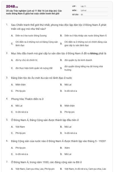 20 câu Trắc nghiệm Lịch sử 11 Bài 16 (có đáp án): Các nước Đông Nam Á giữa hai cuộc chiến tranh thế giới