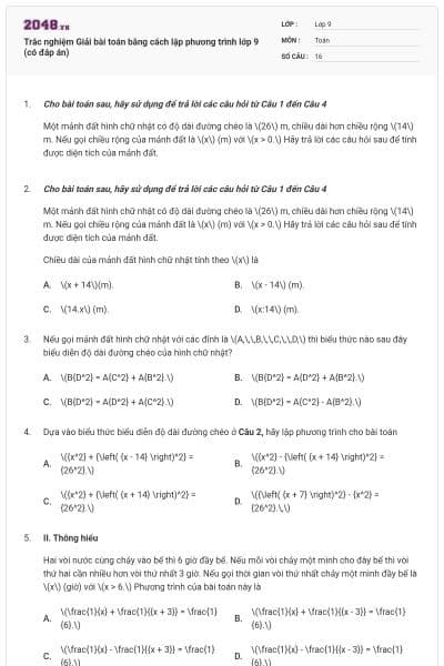 Trắc nghiệm Giải bài toán bằng cách lập phương trình lớp 9 (có đáp án)