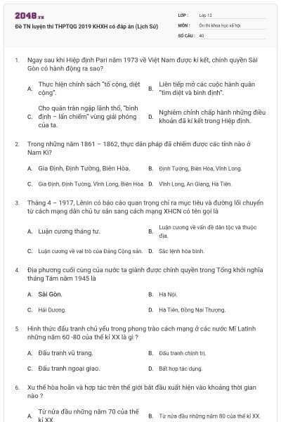 Đề TN luyện thi THPTQG 2019 KHXH có đáp án (Lịch Sử)