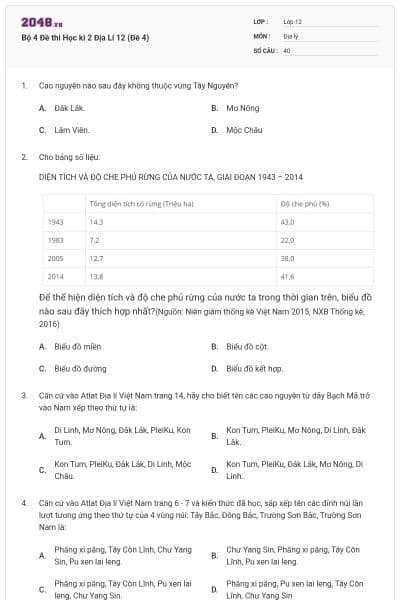 Bộ 4   Đề thi Học kì 2 Địa Lí 12 (Đề 4)