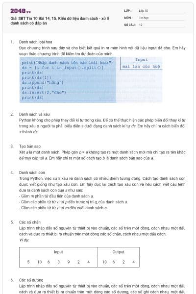 Giải SBT Tin 10 Bài 14, 15. Kiểu dữ liệu danh sách - xử lí danh sách có đáp án