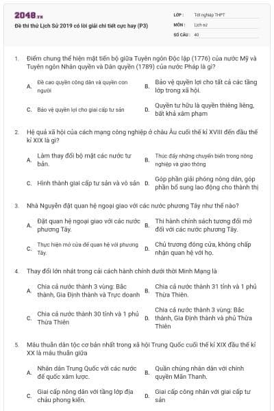 Đề thi thử Lịch Sử 2019 có lời giải chi tiết cực hay (P3)