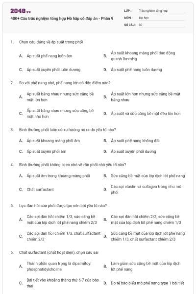 400+ Câu trắc nghiệm tổng hợp Hô hấp có đáp án - Phần 9